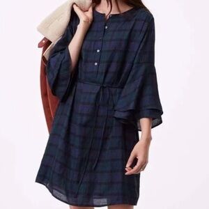 LOFT Emerald Green, Navy and Black Plaid Swing Tunic Dress with Flared Sleeves